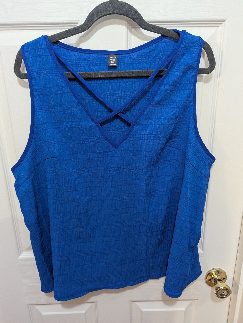 SHEIN Blue Sleeveless V-Neck Tank with Crisscross Detail